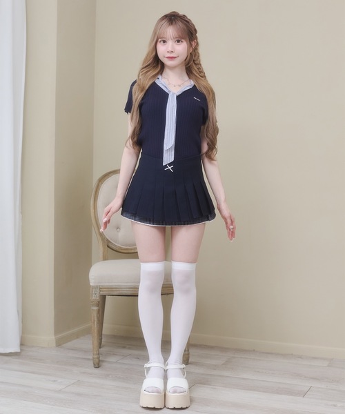 Rmine(アールマイン)の「ギンガムチェック レイヤード リボン プリーツ ミニスカート(スカパン付き)(スカート・レディース・ネイビー/グレー・MEDIUM)」の5枚目の写真