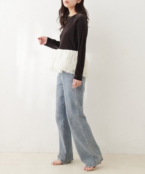 natural couture(ナチュラルクチュール)の「シアーベロア立体チュールペプラムTOPS(Tシャツ/カットソー・レディース・ブラウン/ブラック/グレイッシュベージュ/オフホワイト/チャコールグレー・FREE)」の11枚目の写真