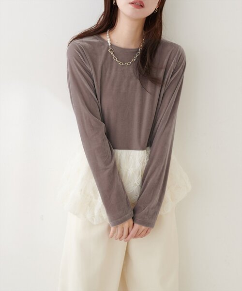 natural couture(ナチュラルクチュール)の「シアーベロア立体チュールペプラムTOPS(Tシャツ/カットソー・レディース・ブラウン/ブラック/グレイッシュベージュ/オフホワイト/チャコールグレー・FREE)」の13枚目の写真