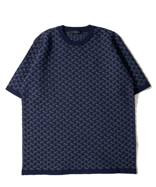 TETE HOMME(テットオム)の「ディアマンテジャガードクルーネックニット / ウォッシャブル / 半袖ニット(Tシャツ/カットソー・メンズ・ネイビー/ダークネイビー・LARGE/X-LARGE/MEDIUM)」の1枚目の写真