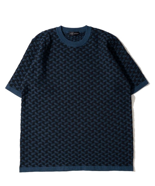 TETE HOMME(テットオム)の「ディアマンテジャガードクルーネックニット / ウォッシャブル / 半袖ニット(Tシャツ/カットソー・メンズ・ネイビー/ダークネイビー・LARGE/X-LARGE/MEDIUM)」の2枚目の写真