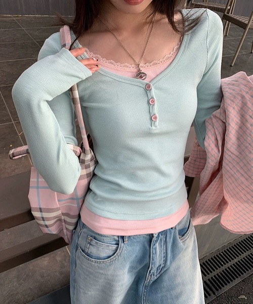 LAMPOON（ランプーン）の「【LAMPOON】レイヤードヘンリーカットソー（Tシャツ/カットソー・レディース・ミント・SMALL/MEDIUM）」の7枚目の写真
