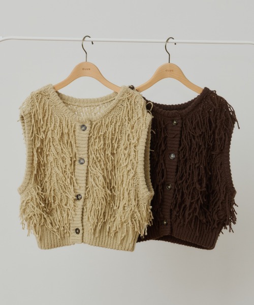 OLUN(オルン)の「fringe knit vest/フリンジニットベスト(ベスト・レディース・ベージュ/ダークブラウン・FREE)」の3枚目の写真