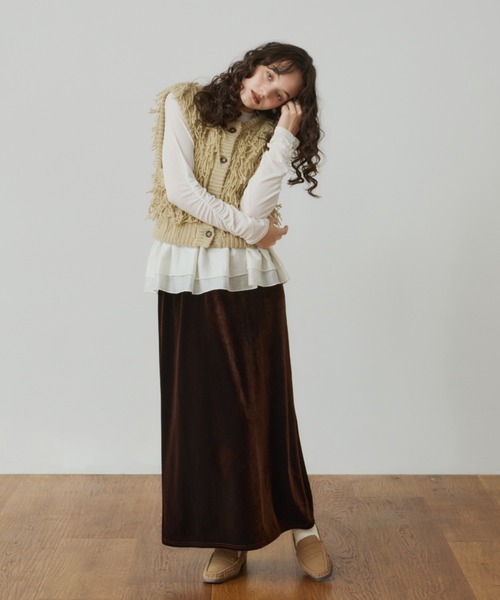 OLUN(オルン)の「fringe knit vest/フリンジニットベスト(ベスト・レディース・ベージュ/ダークブラウン・FREE)」の12枚目の写真
