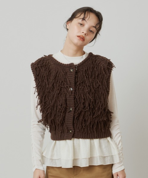 OLUN(オルン)の「fringe knit vest/フリンジニットベスト(ベスト・レディース・ベージュ/ダークブラウン・FREE)」の14枚目の写真