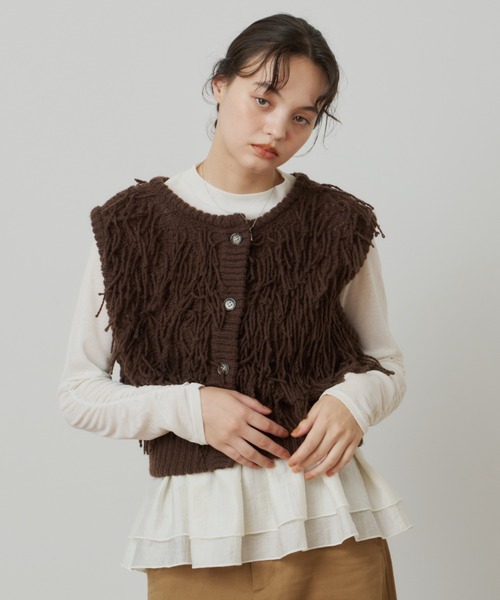 OLUN(オルン)の「fringe knit vest/フリンジニットベスト(ベスト・レディース・ベージュ/ダークブラウン・FREE)」の7枚目の写真