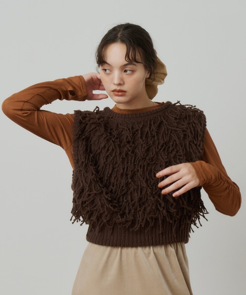 OLUN(オルン)の「fringe knit vest/フリンジニットベスト(ベスト・レディース・ベージュ/ダークブラウン・FREE)」の8枚目の写真