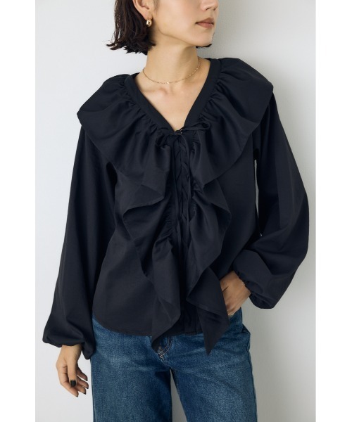 AZUL by moussy(アズールバイマウジー)の「レースアップラッフルブラウス 秋服 春服 無地 チェック デザイントップス(シャツ/ブラウス・レディース・ブラック/ブラウン系その他/アイボリー・FREE)」の7枚目の写真