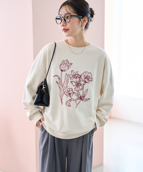 FREAK'S STORE(フリークスストア)の「限定展開 線画 花 刺繍 スウェット プルオーバー(スウェット・レディース・ナチュラル/ブラウン/ブルー/チャコールグレー/グレー・フリ-)」の4枚目の写真