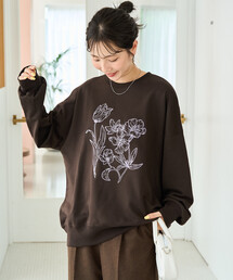 限定展開　線画 花 刺繍 スウェット プルオーバー