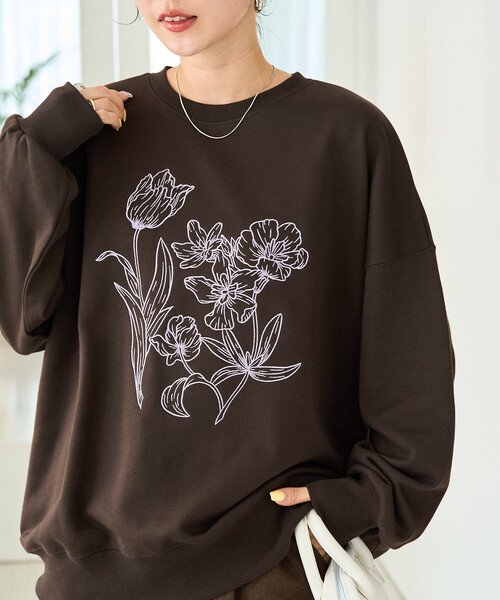 FREAK'S STORE(フリークスストア)の「限定展開 線画 花 刺繍 スウェット プルオーバー(スウェット・レディース・ナチュラル/ブラウン/ブルー/チャコールグレー/グレー・フリ-)」の10枚目の写真