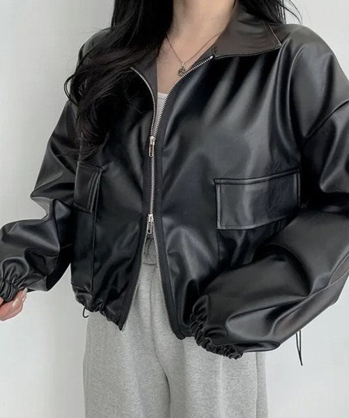 Emilie(エミリー)の「ダブルジップ フェイクレザーショートジャケット(ライダースジャケット・レディース・ブラック/クリーム・FREE)」の1枚目の写真