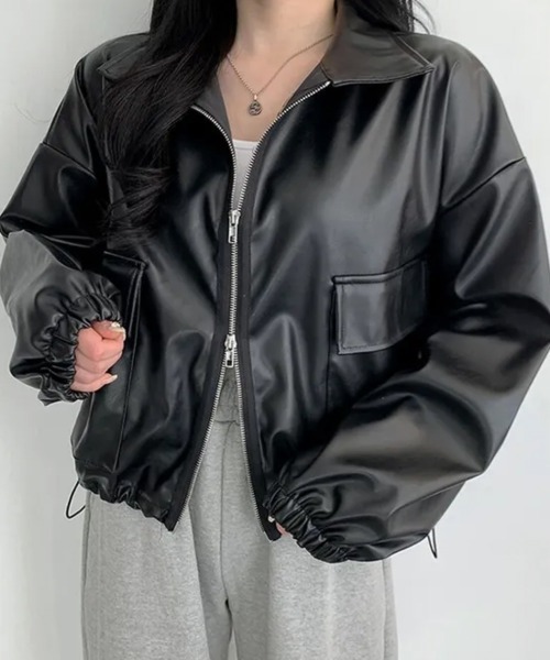 Emilie(エミリー)の「ダブルジップ フェイクレザーショートジャケット(ライダースジャケット・レディース・ブラック/クリーム・FREE)」の16枚目の写真
