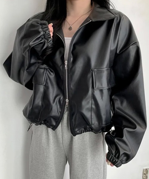 Emilie(エミリー)の「ダブルジップ フェイクレザーショートジャケット(ライダースジャケット・レディース・ブラック/クリーム・FREE)」の11枚目の写真