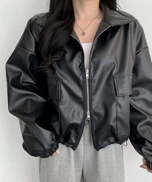 Emilie(エミリー)の「ダブルジップ フェイクレザーショートジャケット(ライダースジャケット・レディース・ブラック/クリーム・FREE)」の13枚目の写真