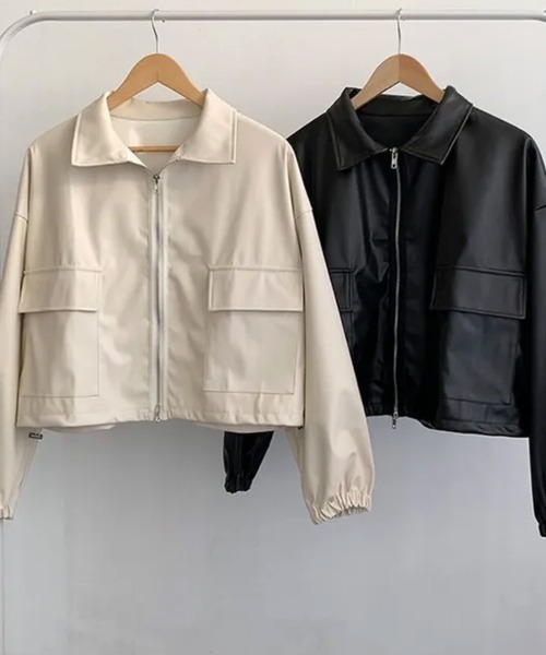 Emilie(エミリー)の「ダブルジップ フェイクレザーショートジャケット(ライダースジャケット・レディース・ブラック/クリーム・FREE)」の3枚目の写真