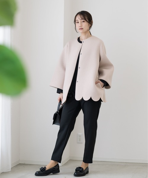 Neige（ネージュ）の「スカラップAラインジャケットコート（ノーカラーコート・レディース・ブラック/ピンクベージュ・ONE SIZE）」の7枚目の写真