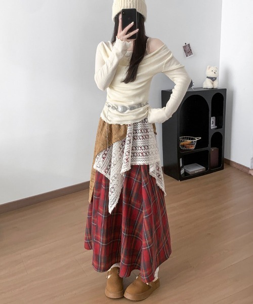 Miniministore（ミニミニストア）の「チェック柄 イレヘムスカート レース切替（スカート・レディース・レッド/ブラウン・L/M）」の9枚目の写真