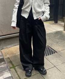 ダブルボタン ピンストライプワイドスラックスパンツ