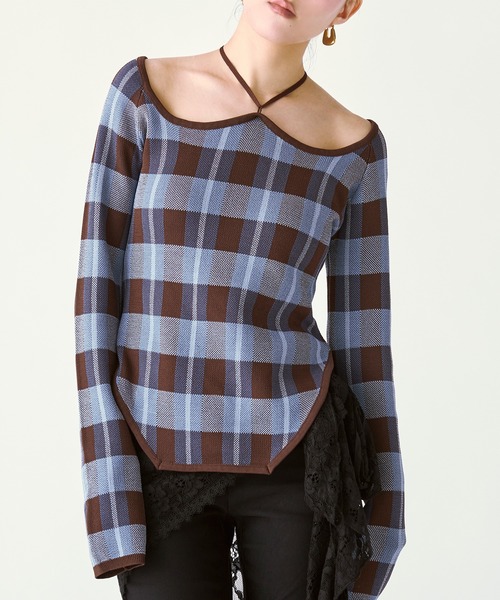 Ezick（エジック）の「2WAY cord neck チェックニット（ニット/セーター・レディース・ブラック系その他/パープル系その他/ブラウン系その他・FREE）」の2枚目の写真