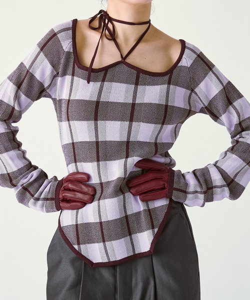 Ezick（エジック）の「2WAY cord neck チェックニット（ニット/セーター・レディース・ブラック系その他/パープル系その他/ブラウン系その他・FREE）」の3枚目の写真