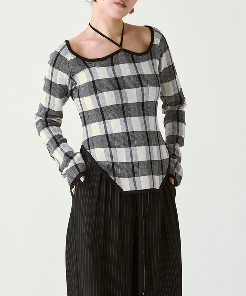 Ezick（エジック）の「2WAY cord neck チェックニット（ニット/セーター・レディース・ブラック系その他/パープル系その他/ブラウン系その他・FREE）」の13枚目の写真