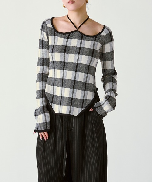 Ezick（エジック）の「2WAY cord neck チェックニット（ニット/セーター・レディース・ブラック系その他/パープル系その他/ブラウン系その他・FREE）」の14枚目の写真