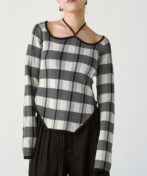 Ezick（エジック）の「2WAY cord neck チェックニット（ニット/セーター・レディース・ブラック系その他/パープル系その他/ブラウン系その他・FREE）」の9枚目の写真