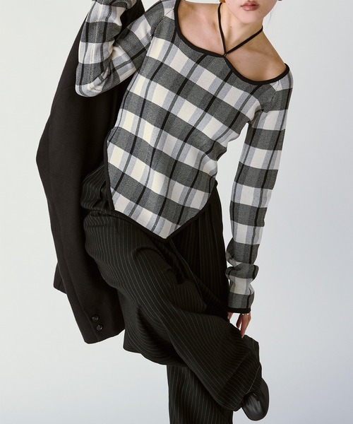 Ezick（エジック）の「2WAY cord neck チェックニット（ニット/セーター・レディース・ブラック系その他/パープル系その他/ブラウン系その他・FREE）」の8枚目の写真