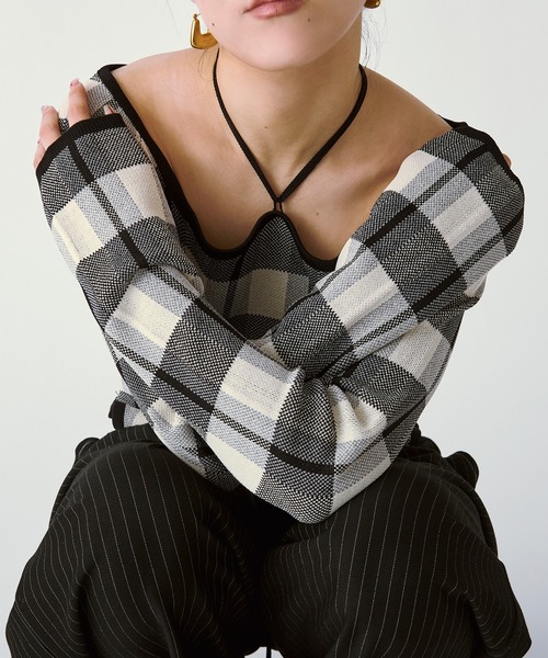 Ezick（エジック）の「2WAY cord neck チェックニット（ニット/セーター・レディース・ブラック系その他/パープル系その他/ブラウン系その他・FREE）」の6枚目の写真