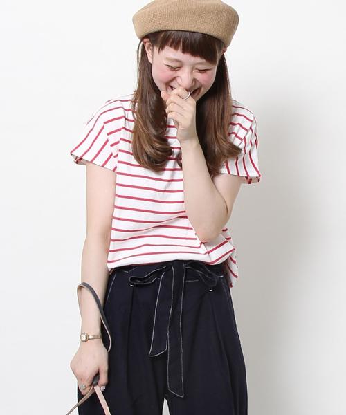 coen(コーエン)の「ボーダーフレンチスリーブカットソー(Tシャツ/カットソー・レディース・ブラック/オリーブ/レッド・LARGE/MEDIUM)」の3枚目の写真