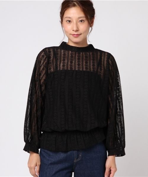 LOWRYS FARM（ローリーズファーム）の「ストライプレースハイネック　769227 （Tシャツ/カットソー・レディース・ブラック/カーキ/ピンク/オフホワイト・MEDIUM/LARGE）」の5枚目の写真