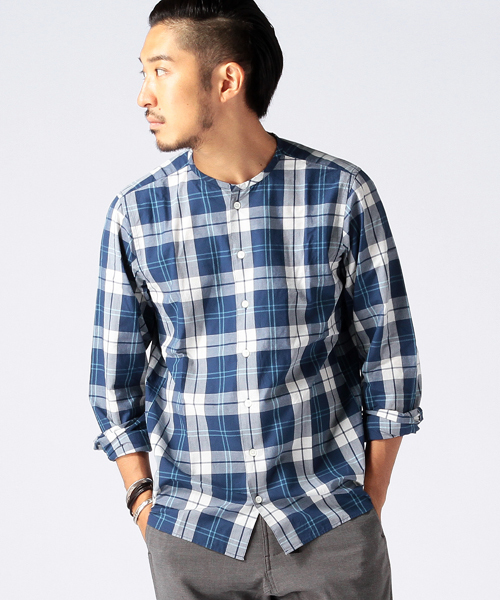 BEAMS(ビームス)の「◎BEAMS / チェック ノーカラー シャツ(シャツ/ブラウス・メンズ・レッド/ブルー・MEDIUM/LARGE/SMALL)」の1枚目の写真