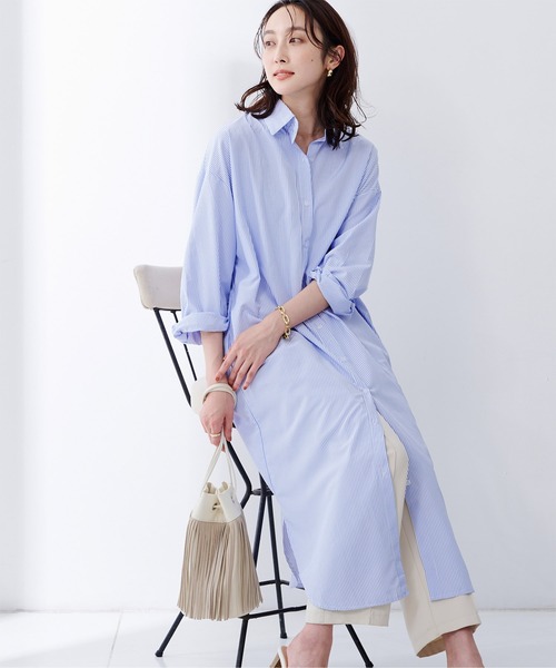 UR'S（ユアーズ）の「ｽﾄﾗｲﾌﾟﾛﾝｸﾞｼｬﾂﾜﾝﾋﾟｰｽ（シャツワンピース・レディース・ピンク/ブルー・F）」の8枚目の写真