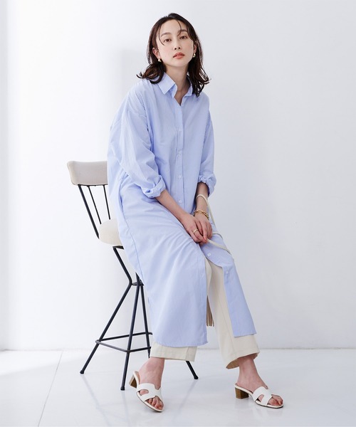 UR'S（ユアーズ）の「ｽﾄﾗｲﾌﾟﾛﾝｸﾞｼｬﾂﾜﾝﾋﾟｰｽ（シャツワンピース・レディース・ピンク/ブルー・F）」の9枚目の写真