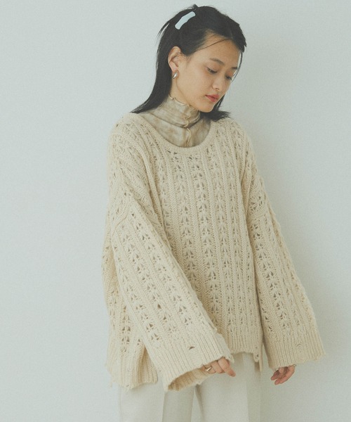 新品 フーガフーガ M.&KYOKO 薄手ニット ベージュ系 フリーサイズ forksy.】透かし編みプルオーバーニット forksy.│MONO-MART