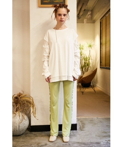 SLY（スライ）の「Sly Skin WOOL MIX FLARE PT ウールミックスフレア パンツ（ルームウェア/パジャマ・レディース・ライトグリーン/ベージュ・2/1）」の3枚目の写真