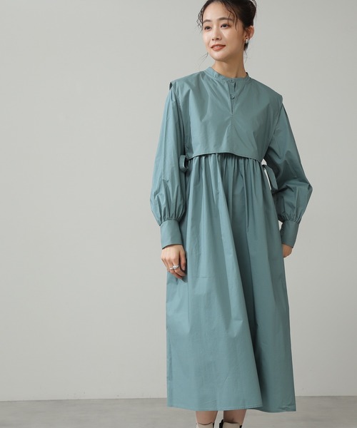 N.(N. Natural Beauty Basic)(エヌエヌナチュラルビューティーベーシック)の「◆レイヤードスタンドシャツワンピース(シャツワンピース・レディース・オフホワイト/グリーン/グレイッシュブルー・MEDIUM)」の2枚目の写真