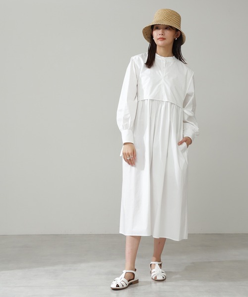 N.(N. Natural Beauty Basic)(エヌエヌナチュラルビューティーベーシック)の「◆レイヤードスタンドシャツワンピース(シャツワンピース・レディース・オフホワイト/グリーン/グレイッシュブルー・MEDIUM)」の5枚目の写真