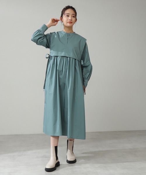 N.(N. Natural Beauty Basic)(エヌエヌナチュラルビューティーベーシック)の「◆レイヤードスタンドシャツワンピース(シャツワンピース・レディース・オフホワイト/グリーン/グレイッシュブルー・MEDIUM)」の6枚目の写真