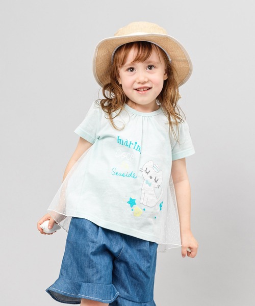 KP(ケーピー)の「cocoちゃんアップリケ付き後水玉チュール切替え半袖Tシャツ(100-130cm)(Tシャツ/カットソー・キッズ・ブルー/オートミール・110cm/100cm/120cm/130cm)」の1枚目の写真