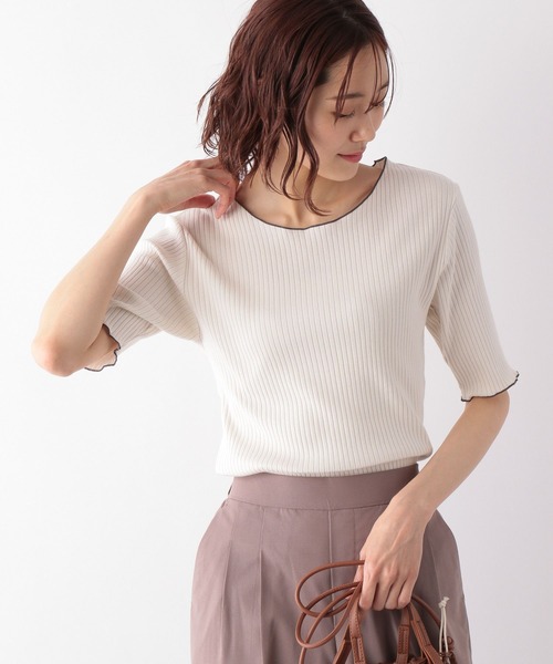 GLOBAL WORK（グローバルワーク）の「配色リブメロープルオーバー5分袖/275523（Tシャツ/カットソー・レディース・アイボリー/スミクロ/イエロー系その他・MEDIUM/LARGE）」の7枚目の写真