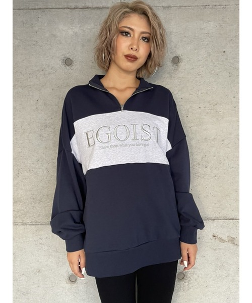 ユニセックスハーフジップトップス SALE半額 EGOIST半袖スウェットトップス BLK Tシャツ/カットソー(半袖/袖なし)