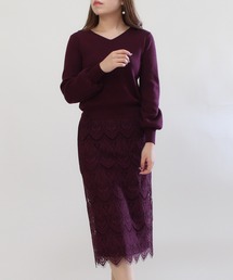 TRUDEA | Vネックニット×リバーシブルレーススカート(セットアップ)