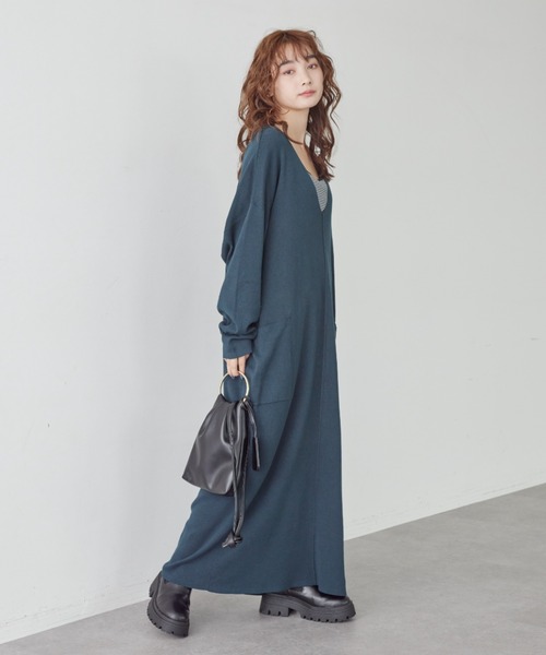 AMERICAN HOLIC（アメリカンホリック）の「VネックWポケットニットワンピース（ワンピース・レディース・ブラック/グリーン/ボルドー・M/L）」の16枚目の写真