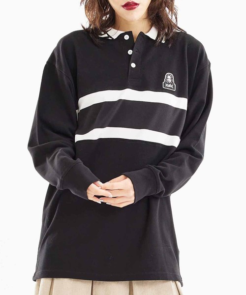 X-girl（エックスガール）の「CONTRAST STRIPE POLO SHIRT（Tシャツ/カットソー・レディース・ブラック/ホワイト/ブラウン・S/M）」の2枚目の写真