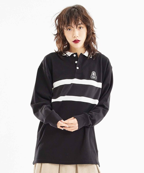 X-girl（エックスガール）の「CONTRAST STRIPE POLO SHIRT（Tシャツ/カットソー・レディース・ブラック/ホワイト/ブラウン・S/M）」の4枚目の写真