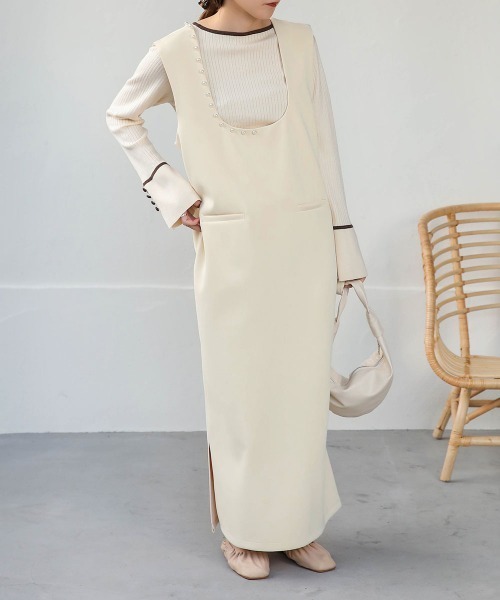 Bab（バブ）の「【低身長向けサイズあり】パール付き前後2WAYジャンパースカート（ジャンパースカート・レディース・ブラック/アイボリー・M/S）」の9枚目の写真