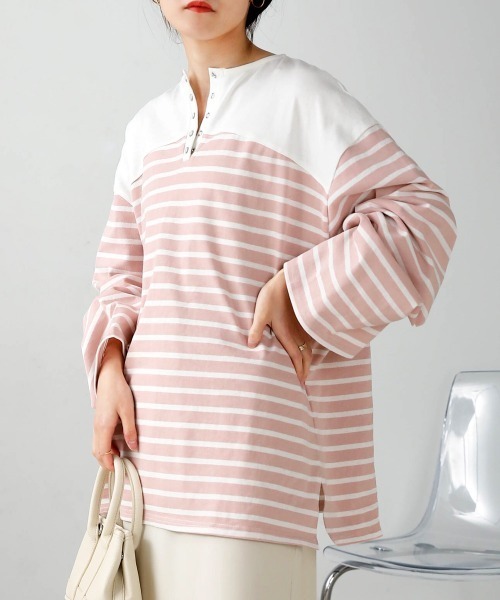 Bab（バブ）の「前後2WAYボーダービッグシルエットトップス（Tシャツ/カットソー・レディース・ブラウン/ピンク/グリーン/ブルー/ブラック・FREE）」の5枚目の写真