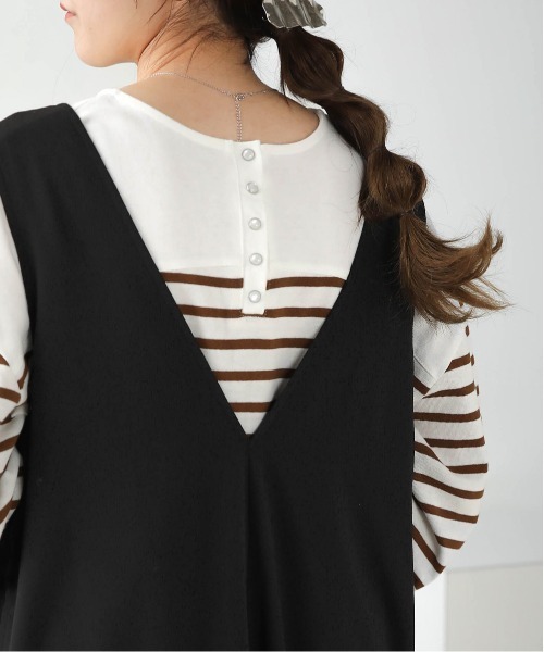 Bab（バブ）の「前後2WAYボーダービッグシルエットトップス（Tシャツ/カットソー・レディース・ブラウン/ピンク/グリーン/ブルー/ブラック・FREE）」の7枚目の写真